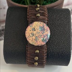 Brown Leather Bracelet with Colorful Stone
